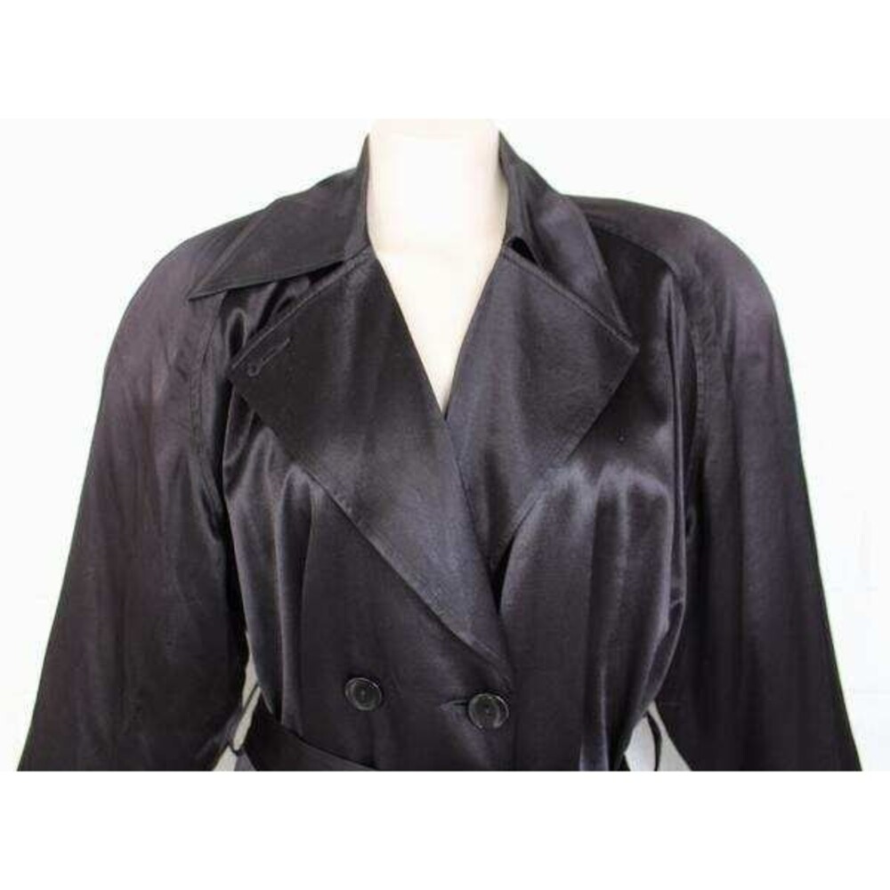 Bebe 2 4 6 S M Jet Black Duchess Satin Sleek Belted Pockets Trench Coat Jacket - Picture 2 of 7